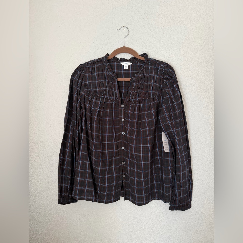 Time and Tru Plaid Peasant Button Up Blouse Top | Large | New with Tag